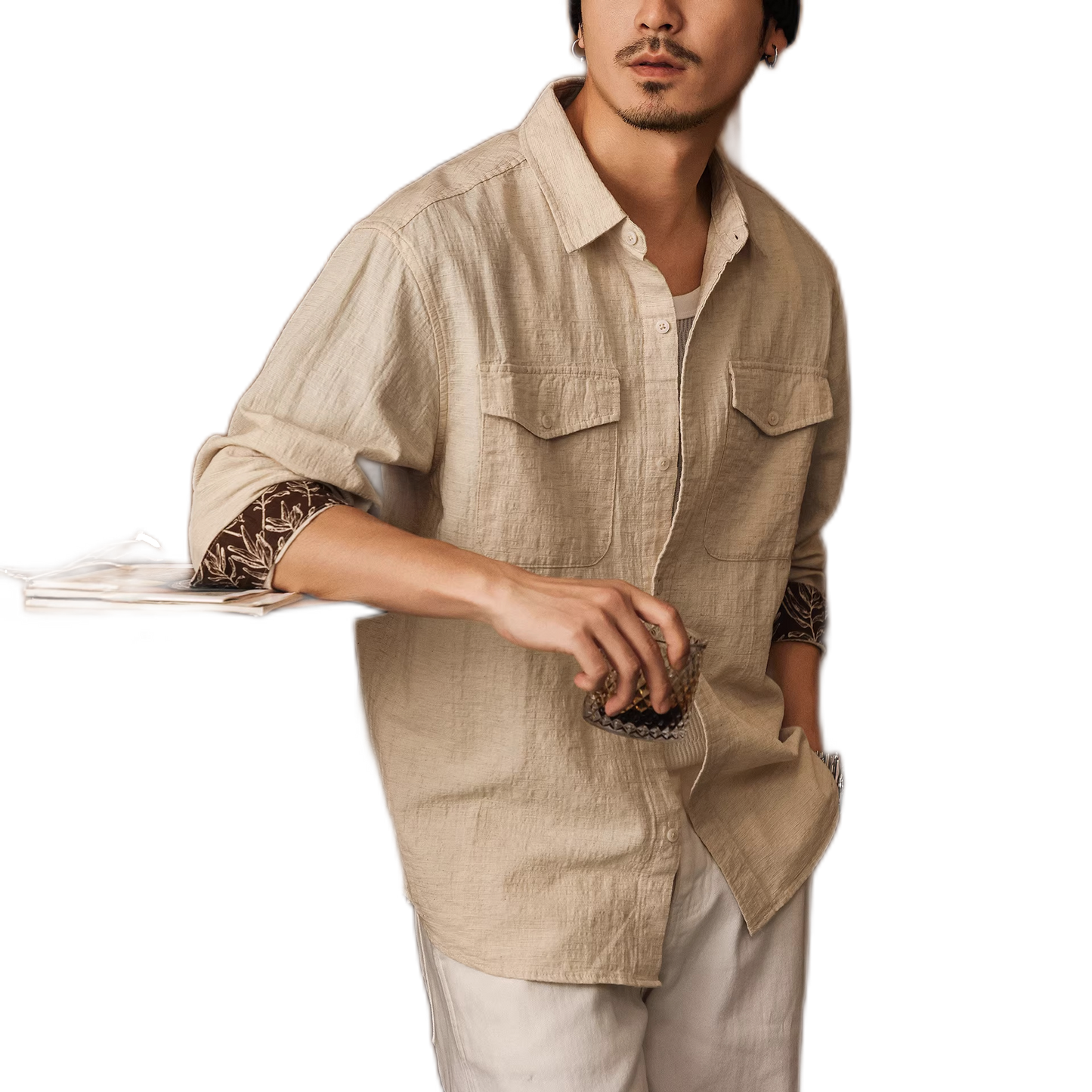 Camisa de algodón y cáñamo hombre, color albaricoque - detalle