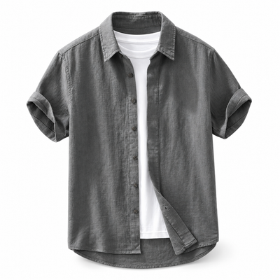 Luansky AI white product card — camisa-lino-hombre-manga-corta-tonos-tierra