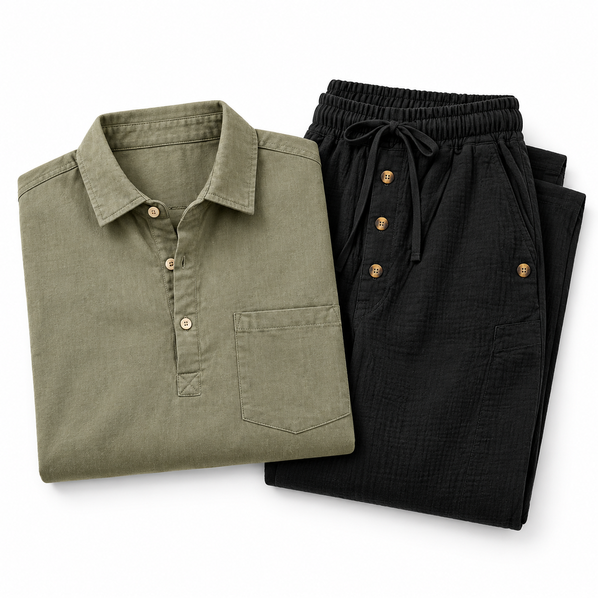 Kit Tarde — camisa verde grisáceo y pantalón negro
