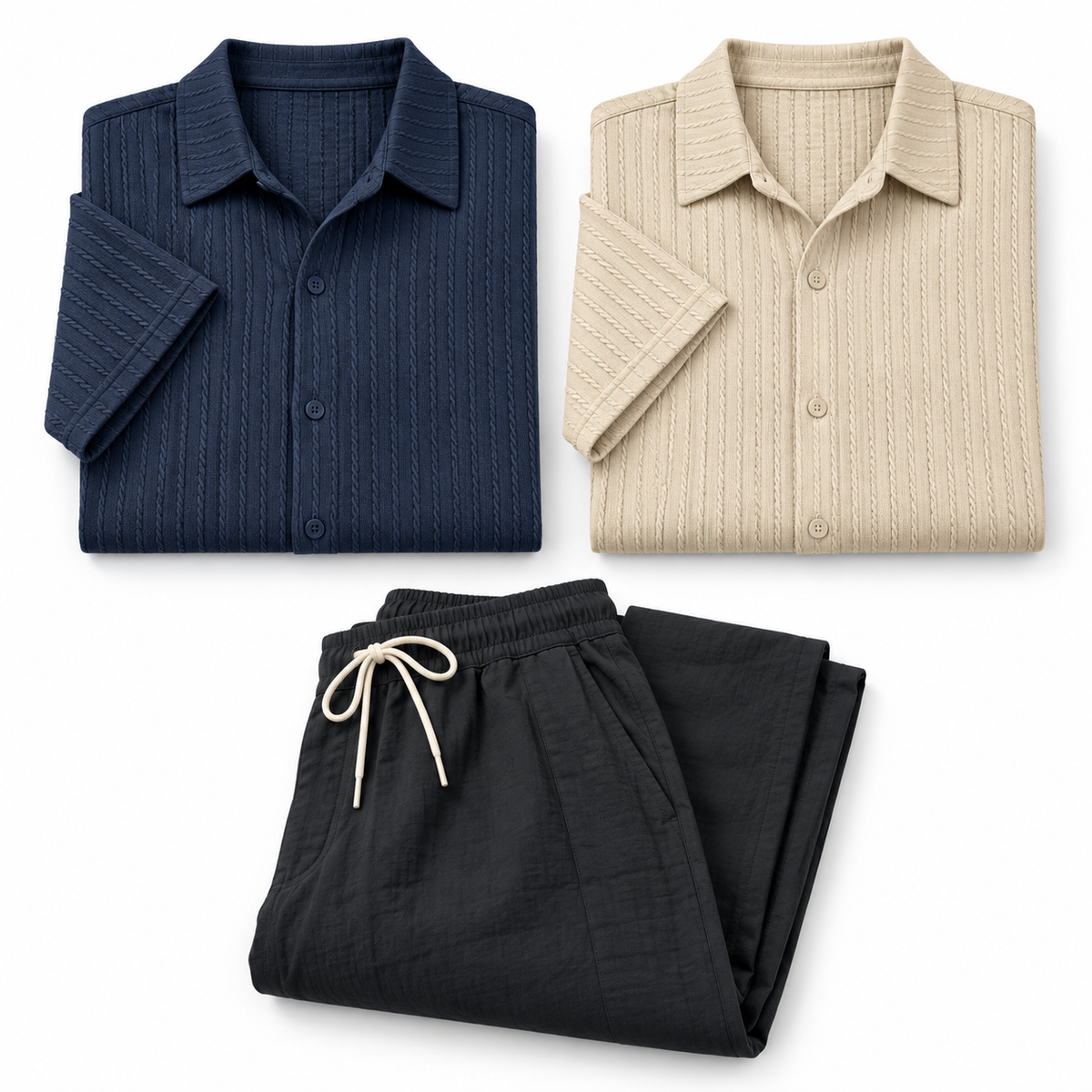 Kit Ciudad — Polo Corte Slim Azul Marino, Polo Corte Slim Caqui, Pantalón de Lino Negro