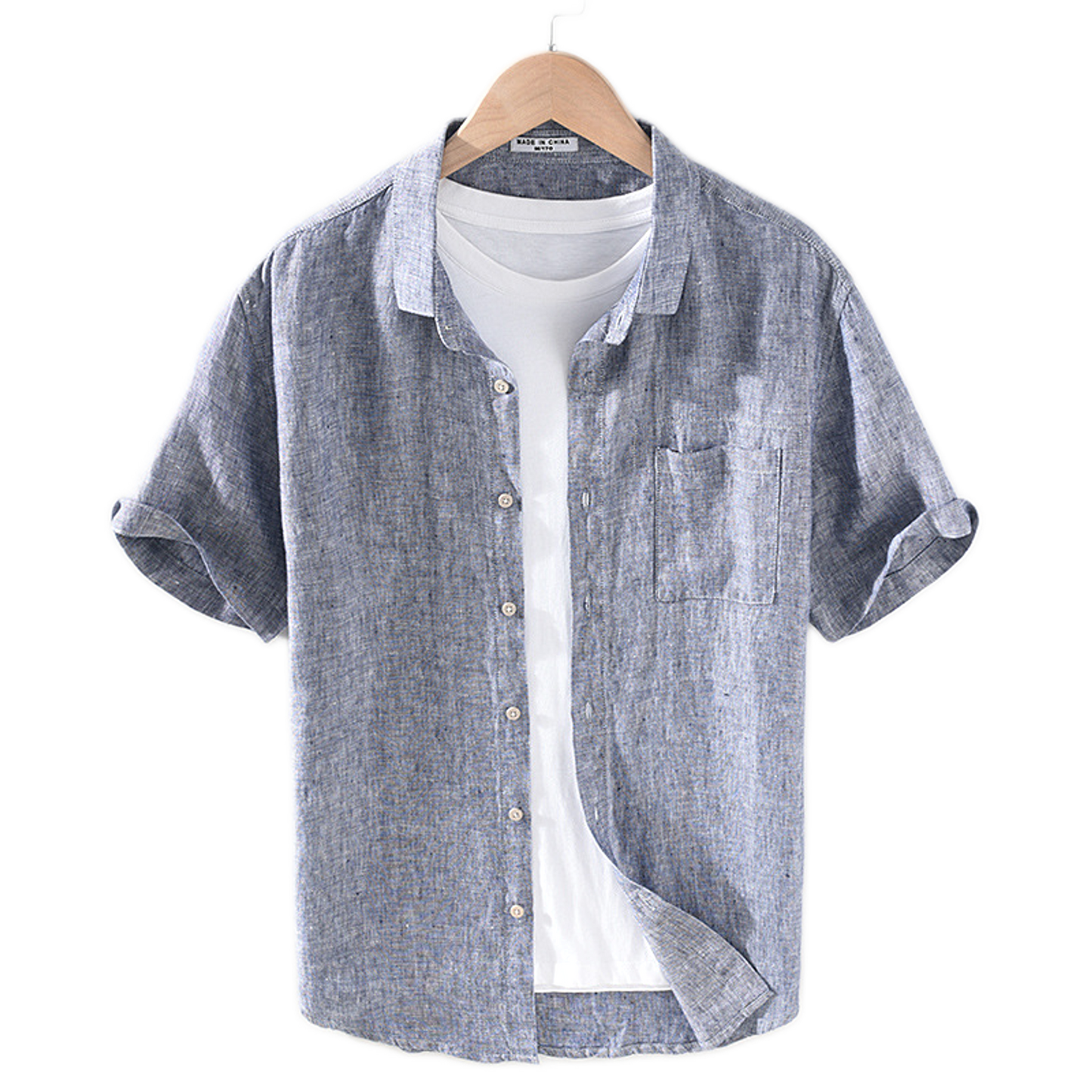 Camisa de lino hombre color gris, cuello cuadrado