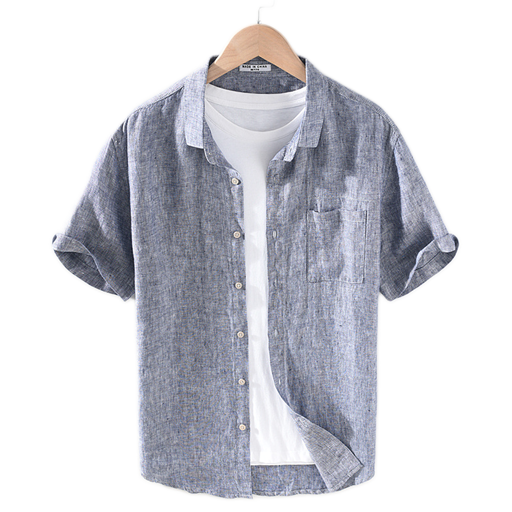 Camisa de lino hombre color gris, cuello cuadrado