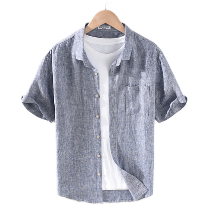 Camisa de lino hombre color gris, cuello cuadrado