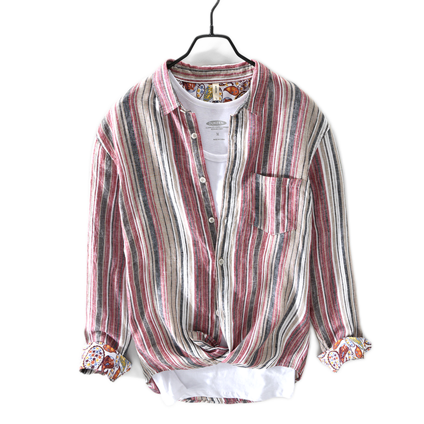 Camisa de lino hombre a rayas, color gris