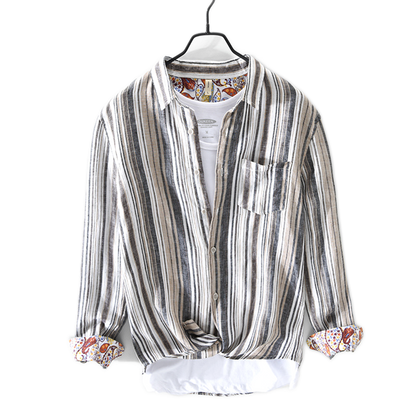 Camisa de lino hombre a rayas, color gris
