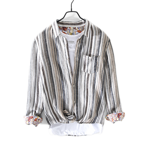 Camisa de lino hombre a rayas, color gris