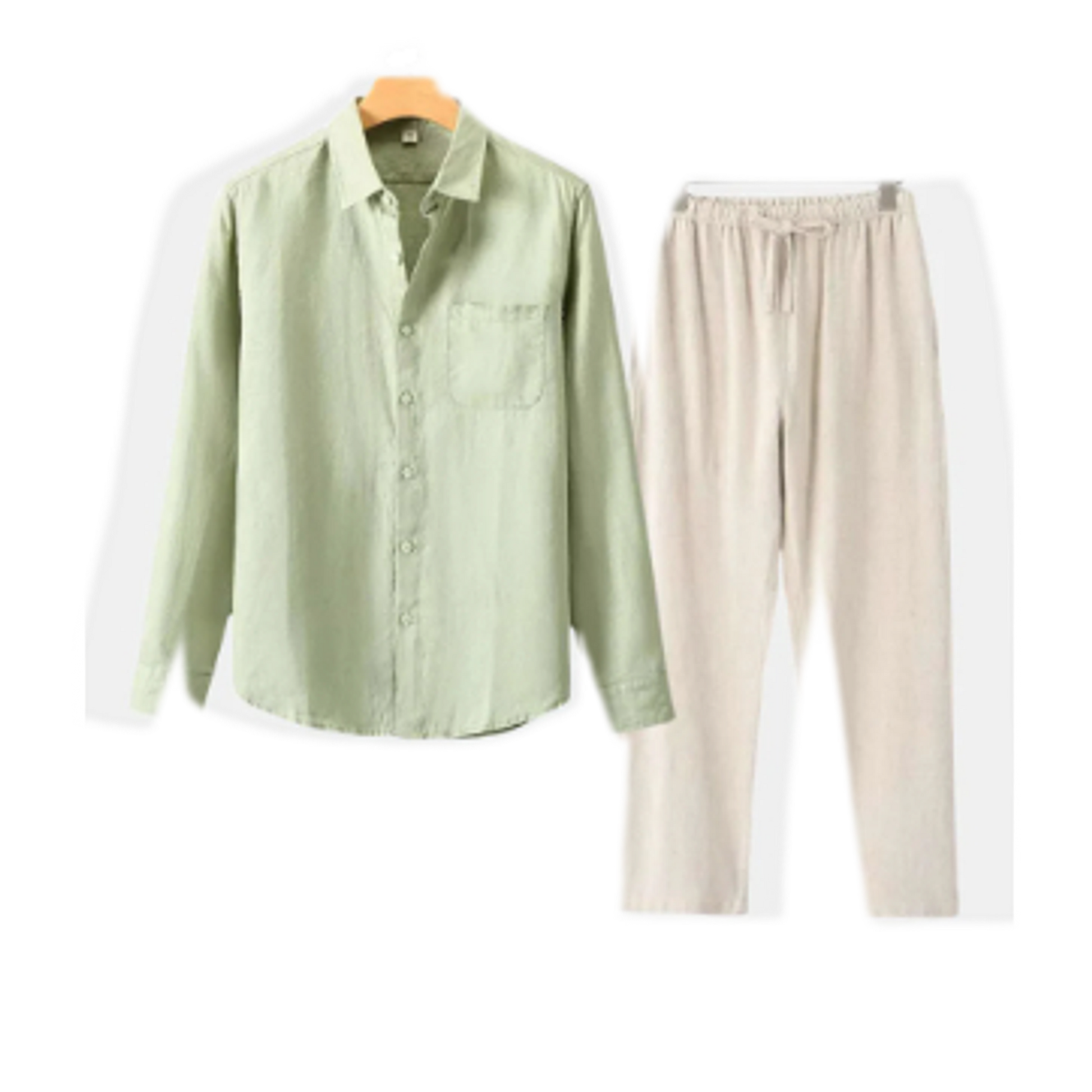 Conjunto de lino hombre color verde claro, camisa y pantalón