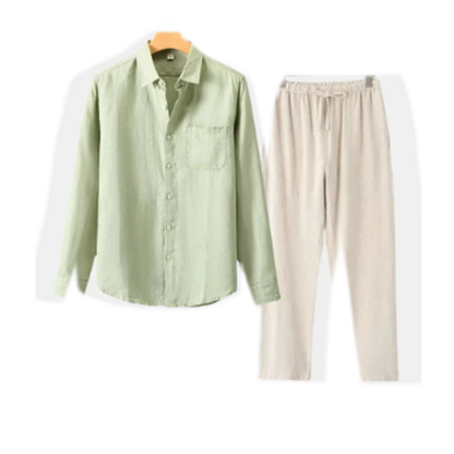 Conjunto de lino hombre color verde claro, camisa y pantalón