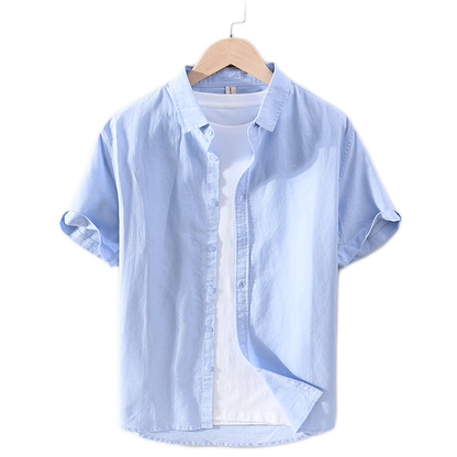 Camisa de lino hombre, cuello cuadrado manga corta