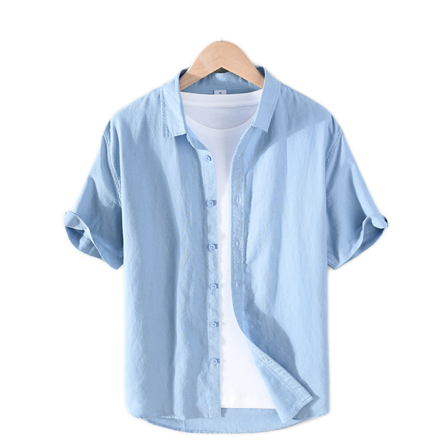 Camisa de lino hombre color gris y azul, cuello cuadrado