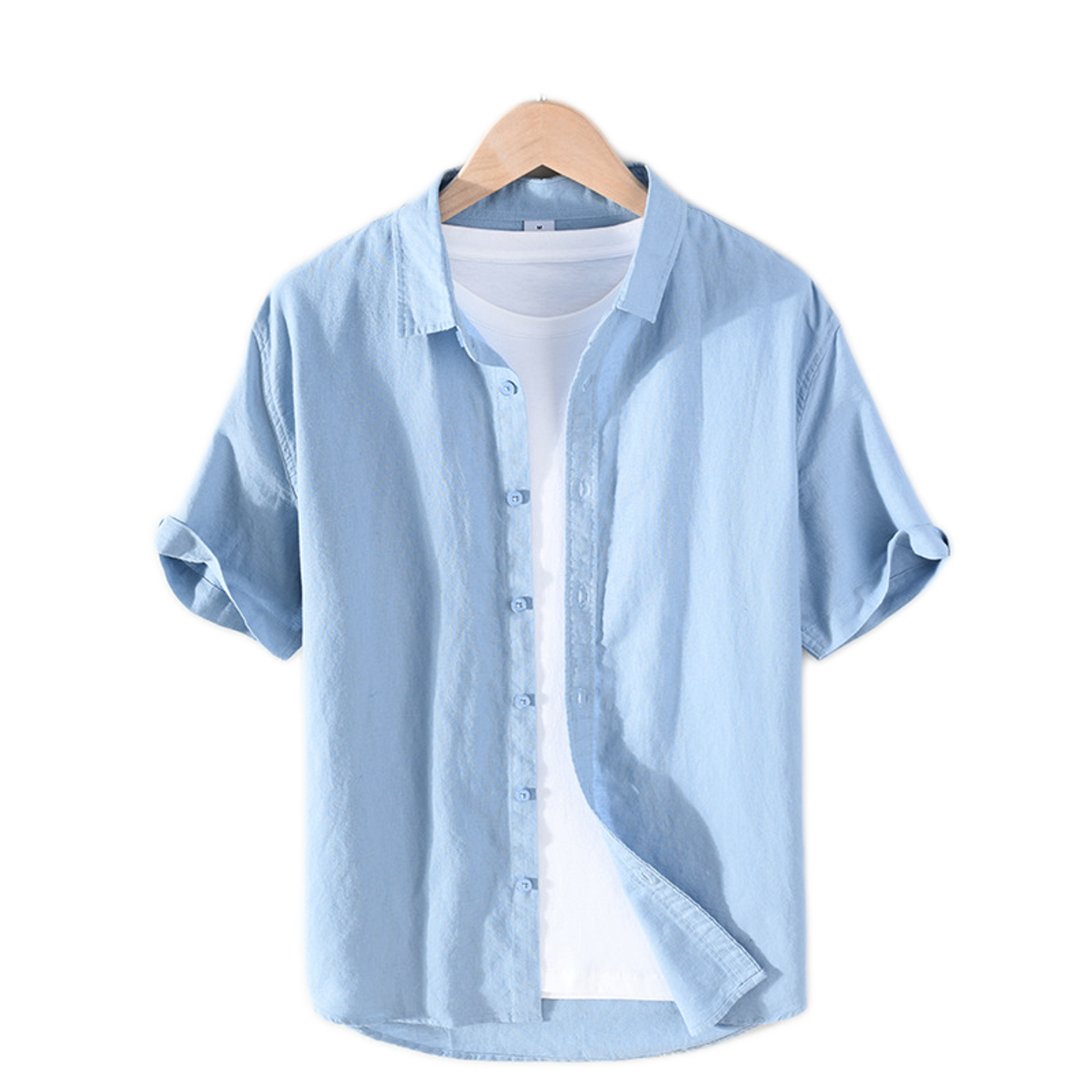 Camisa de lino hombre color gris y azul, cuello cuadrado