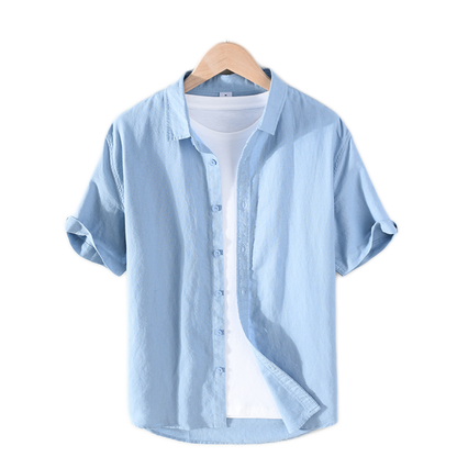Camisa de lino hombre color gris y azul, cuello cuadrado