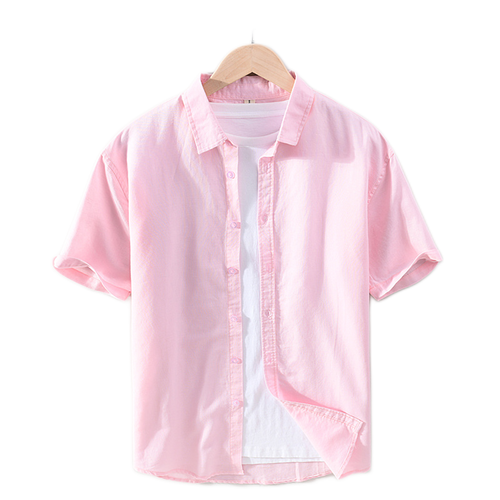 Camisa de lino hombre, cuello cuadrado manga corta