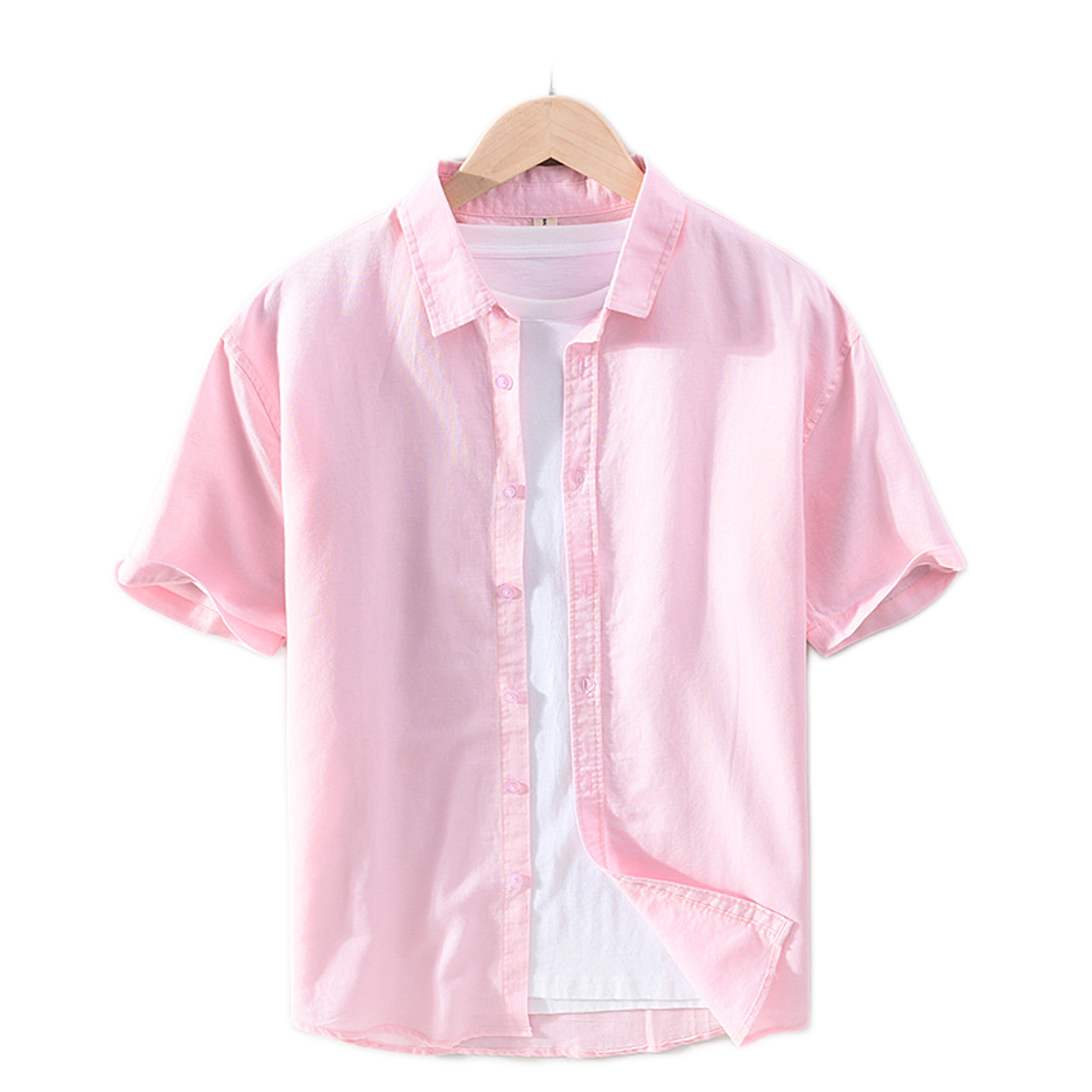 Camisa de lino hombre color rosado, cuello cuadrado