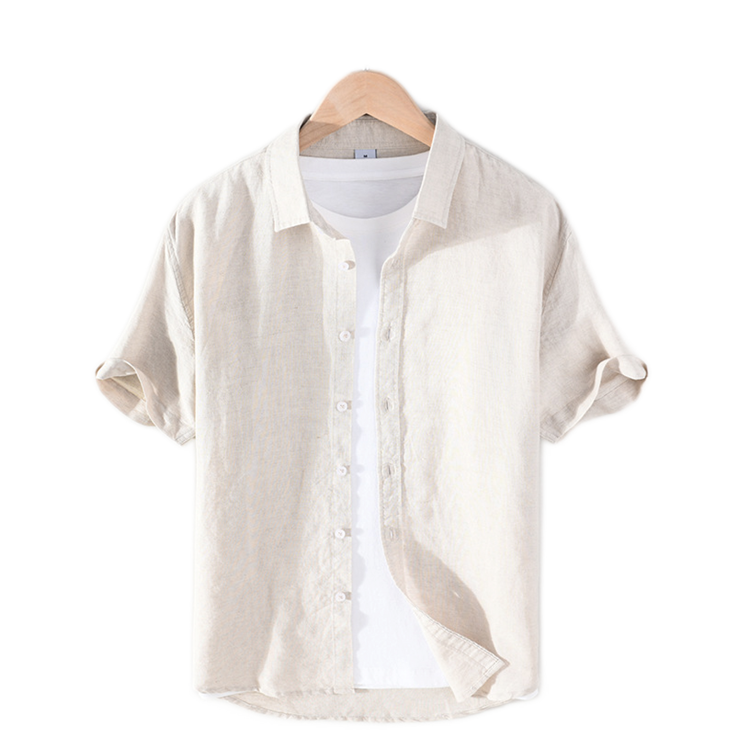 Camisa de lino hombre color crudo, cuello cuadrado