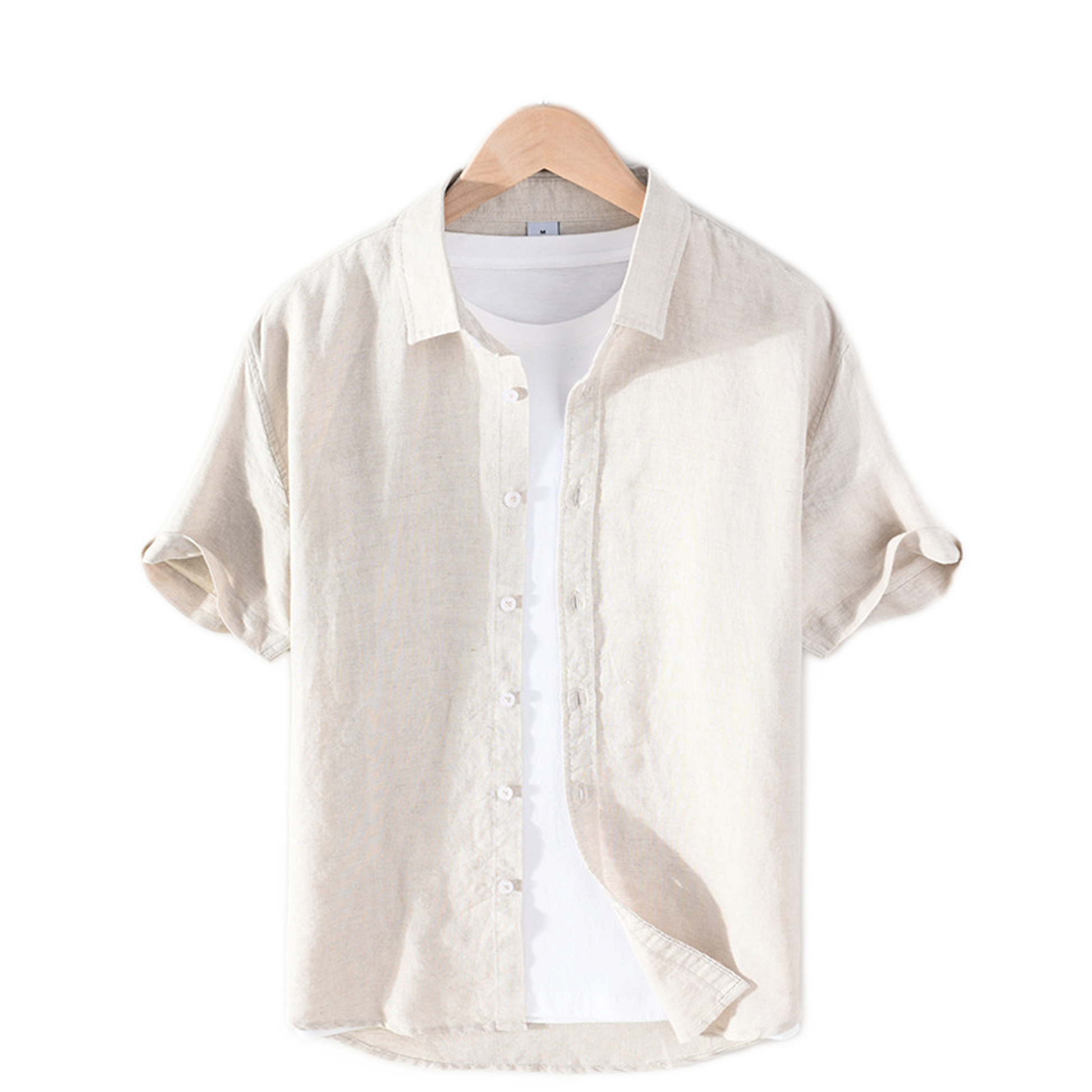 Camisa de lino hombre color crudo, cuello cuadrado