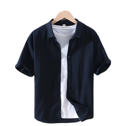 Camisa de lino hombre color azul zafiro, cuello cuadrado