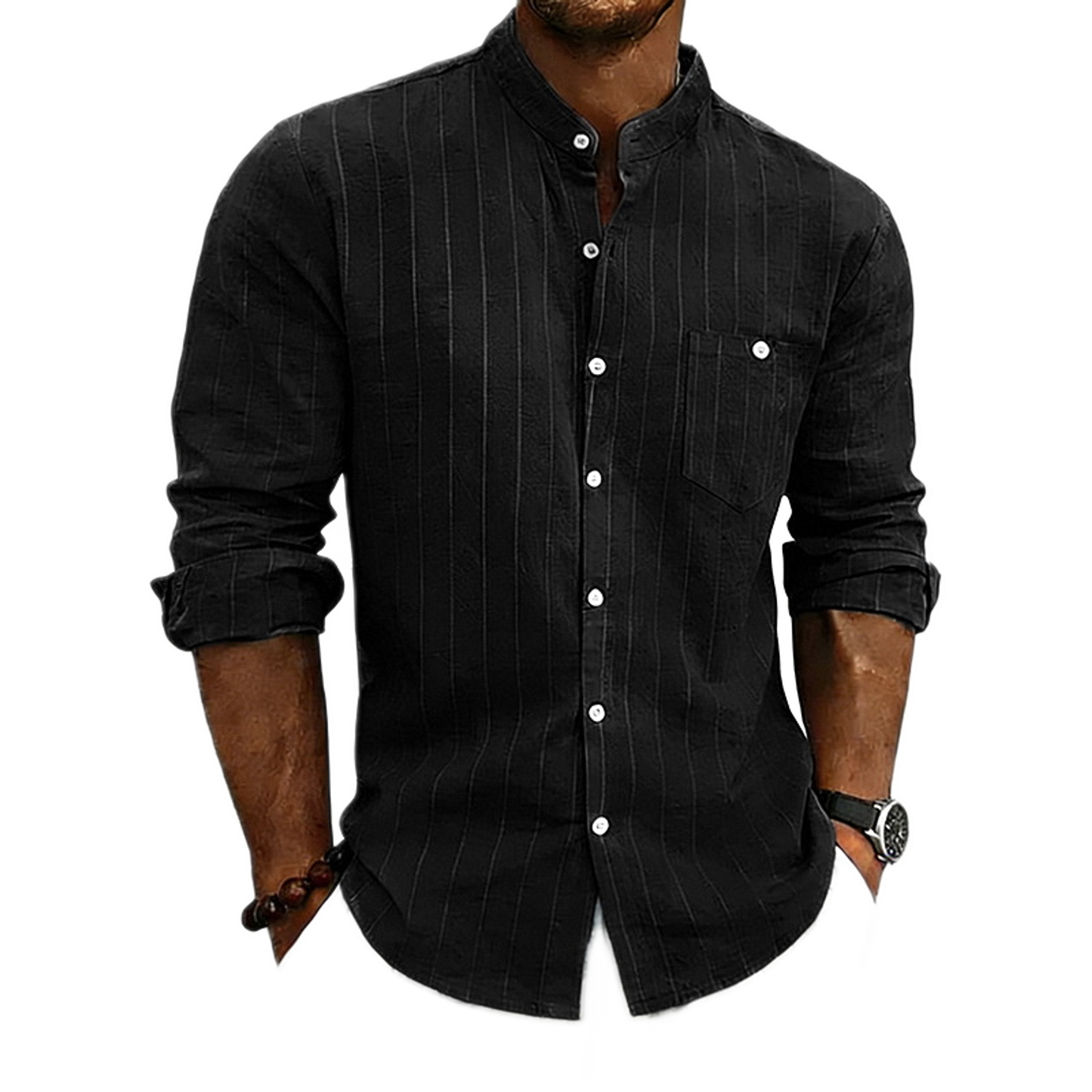 Camisa de lino hombre color negro, cuello mao