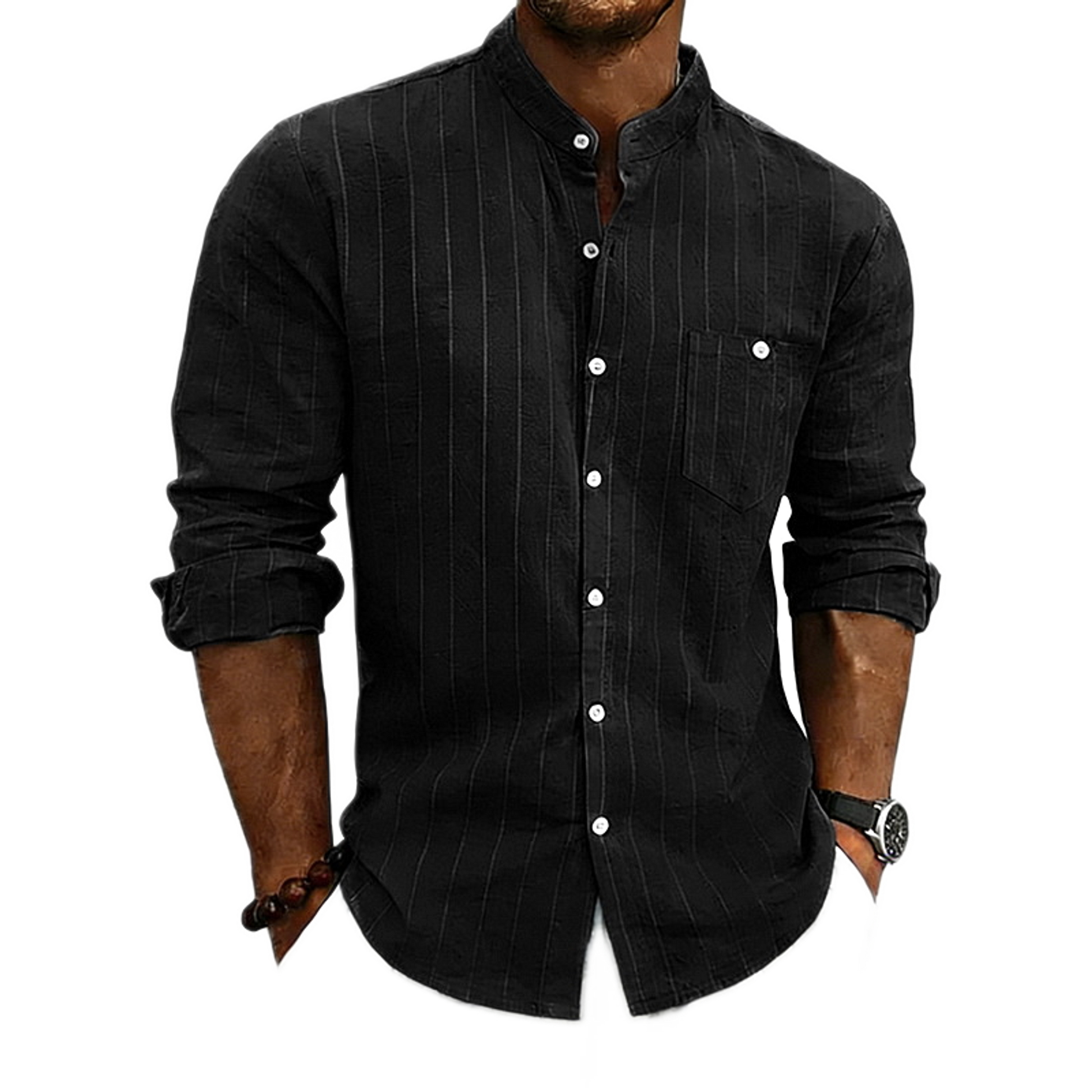 Camisa de lino hombre color negro, cuello mao
