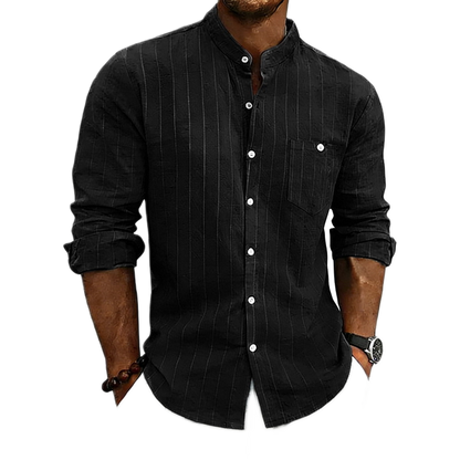 Camisa de lino hombre color negro, cuello mao
