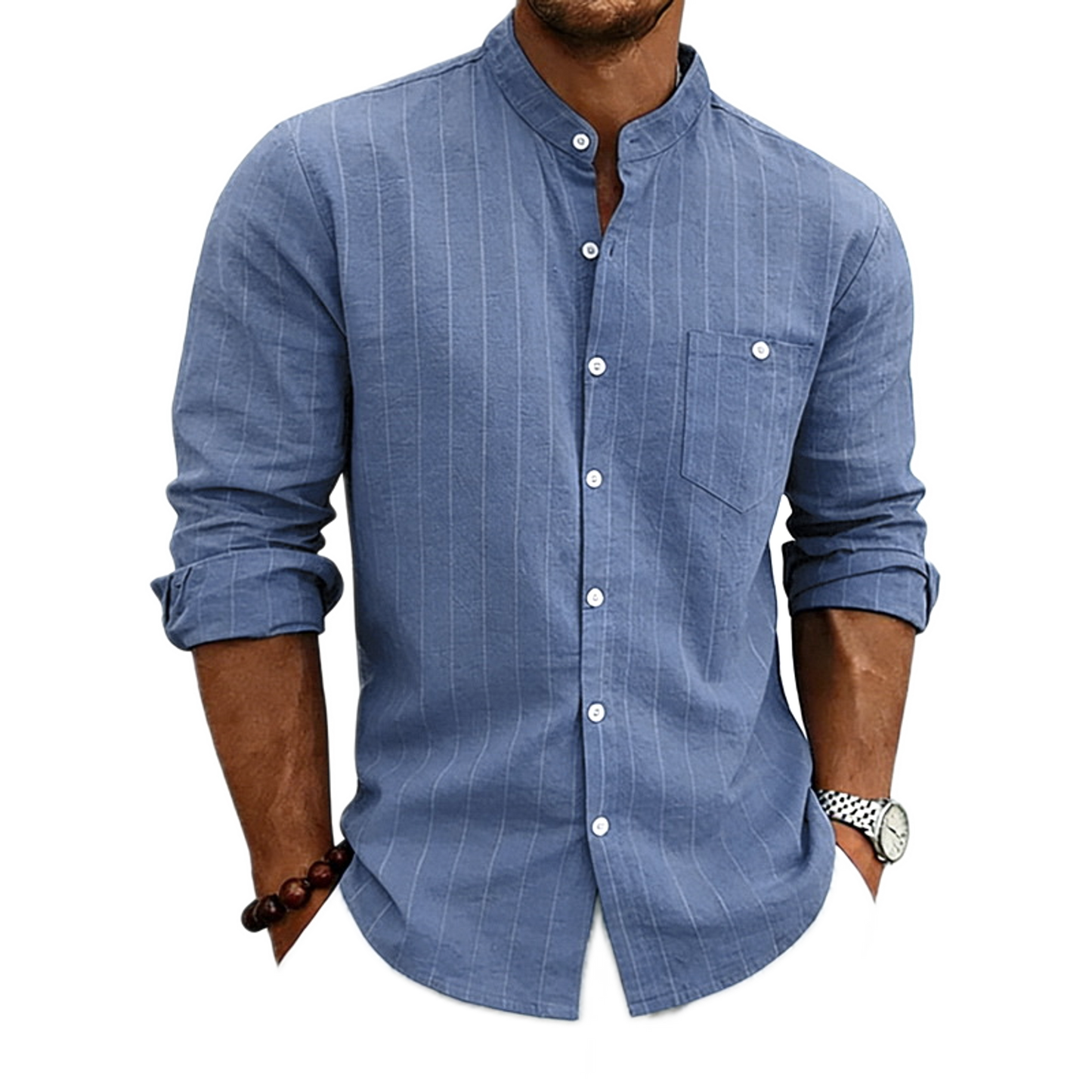 Camisa de lino hombre color azul, cuello mao