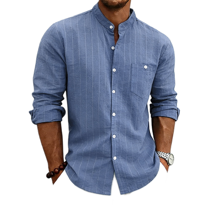 Camisa de lino hombre color azul, cuello mao