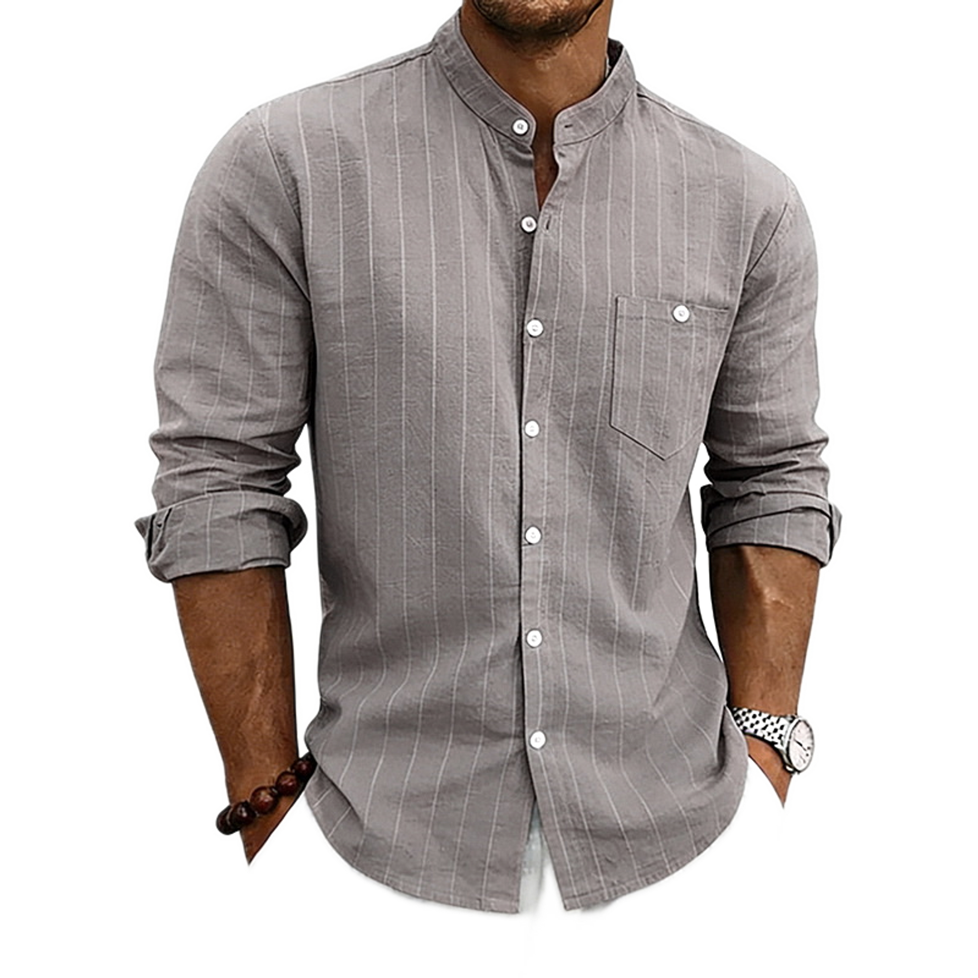 Camisa de lino hombre color gris oscuro, cuello mao