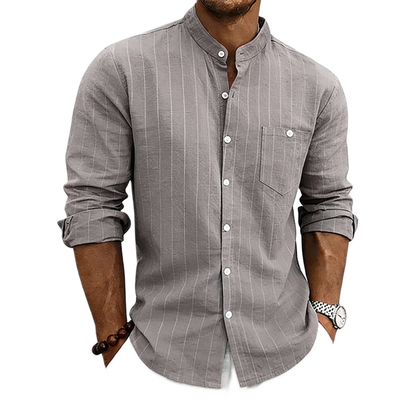 Camisa de lino hombre color gris oscuro, cuello mao