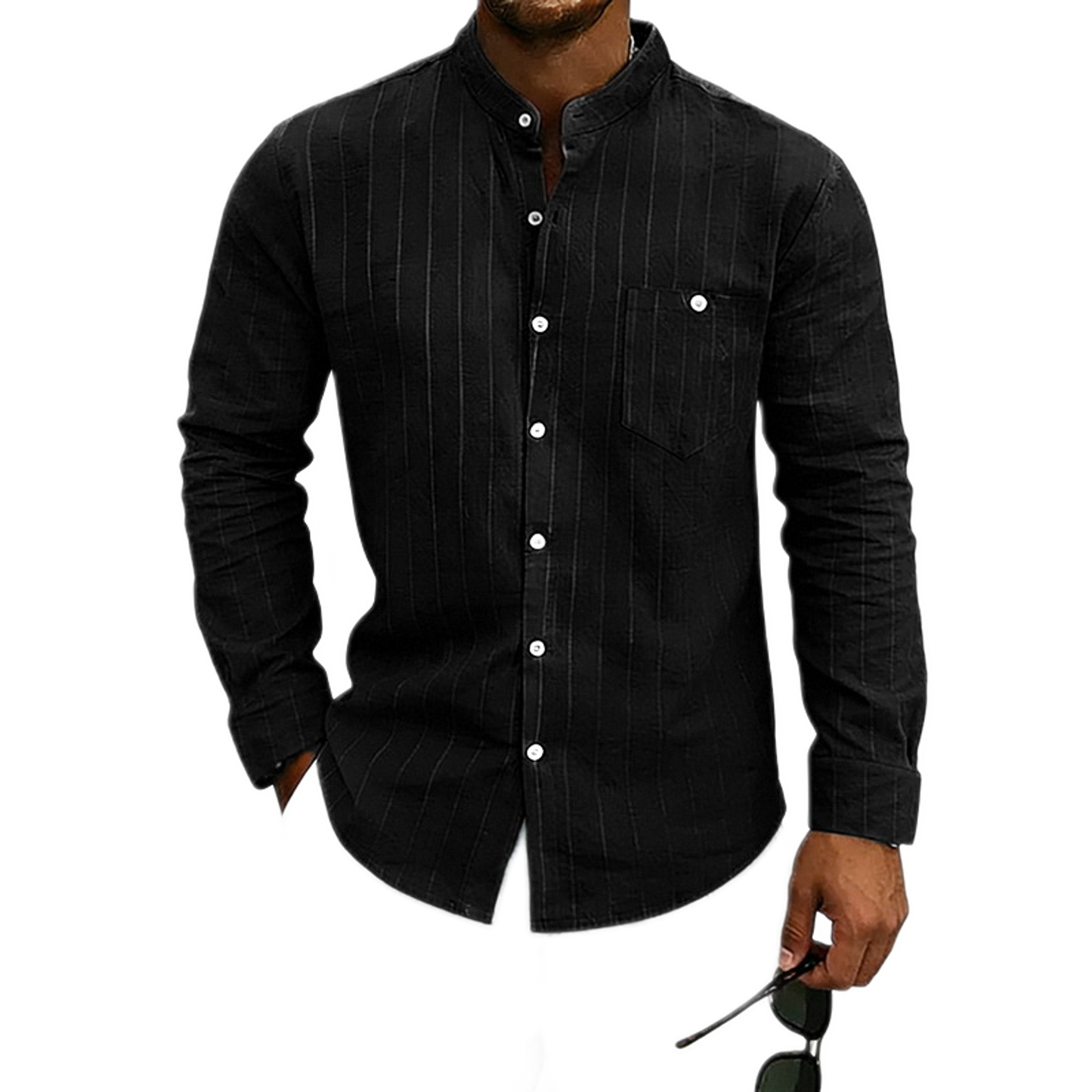 Camisa de lino hombre, cuello mao a rayas - vista frontal