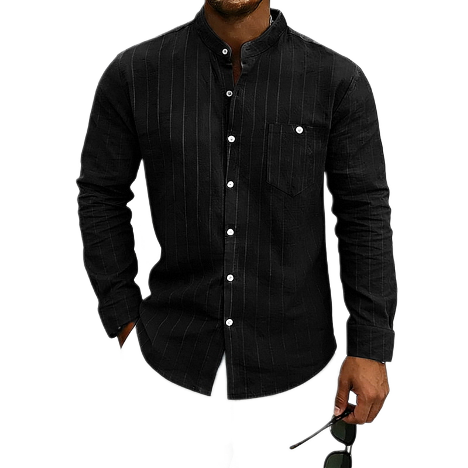 Camisa de lino hombre, cuello mao a rayas - vista frontal