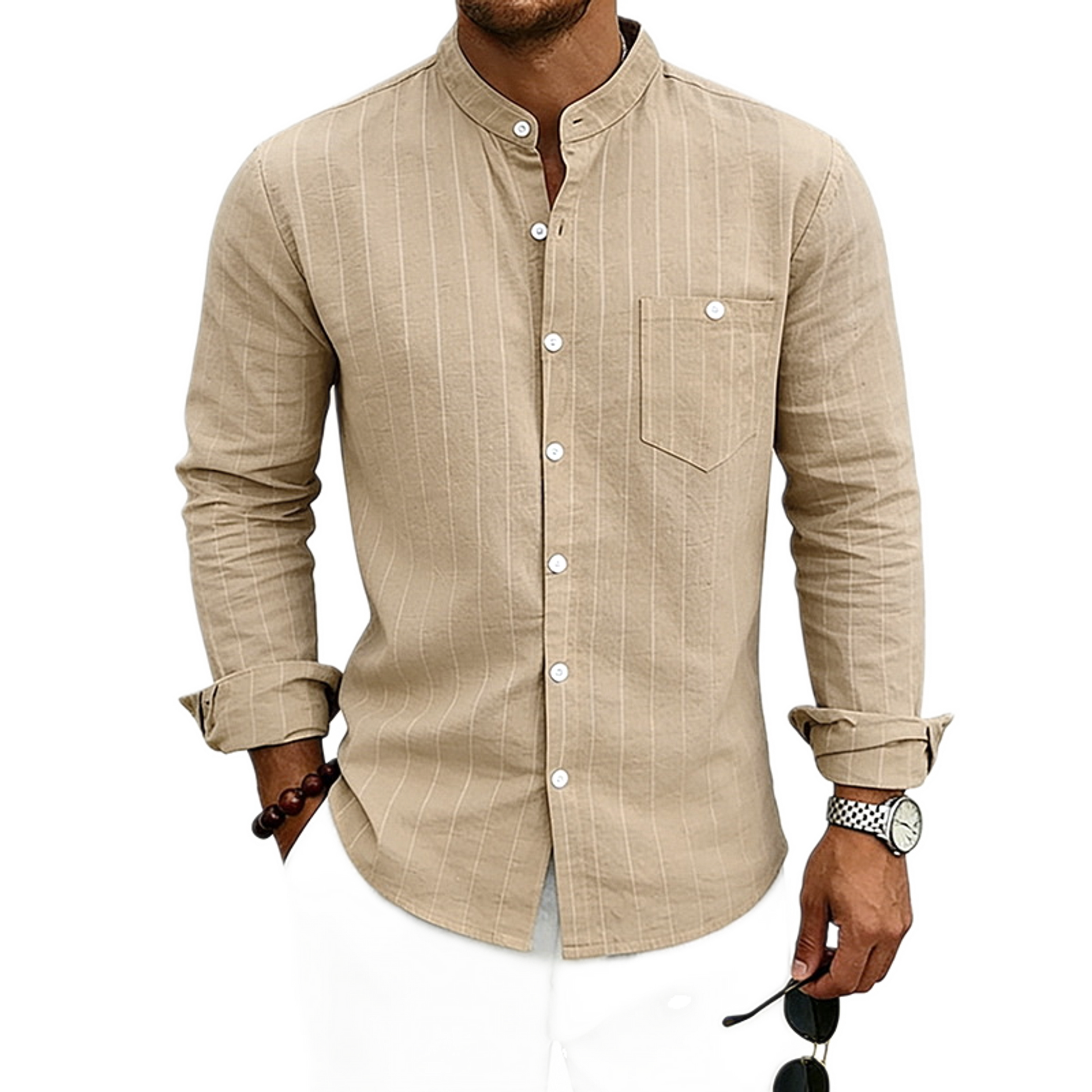 Camisa de lino hombre, cuello mao a rayas - detalle