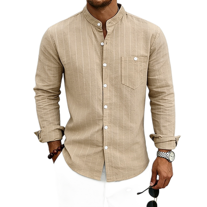Camisa de lino hombre, cuello mao a rayas - detalle