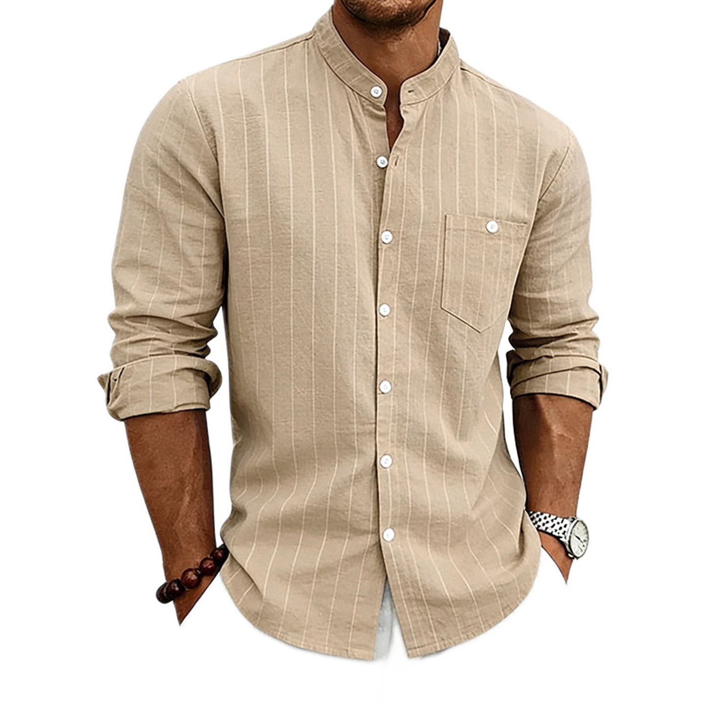 Camisa de lino hombre color caqui, cuello mao