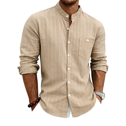 Camisa de lino hombre color caqui, cuello mao