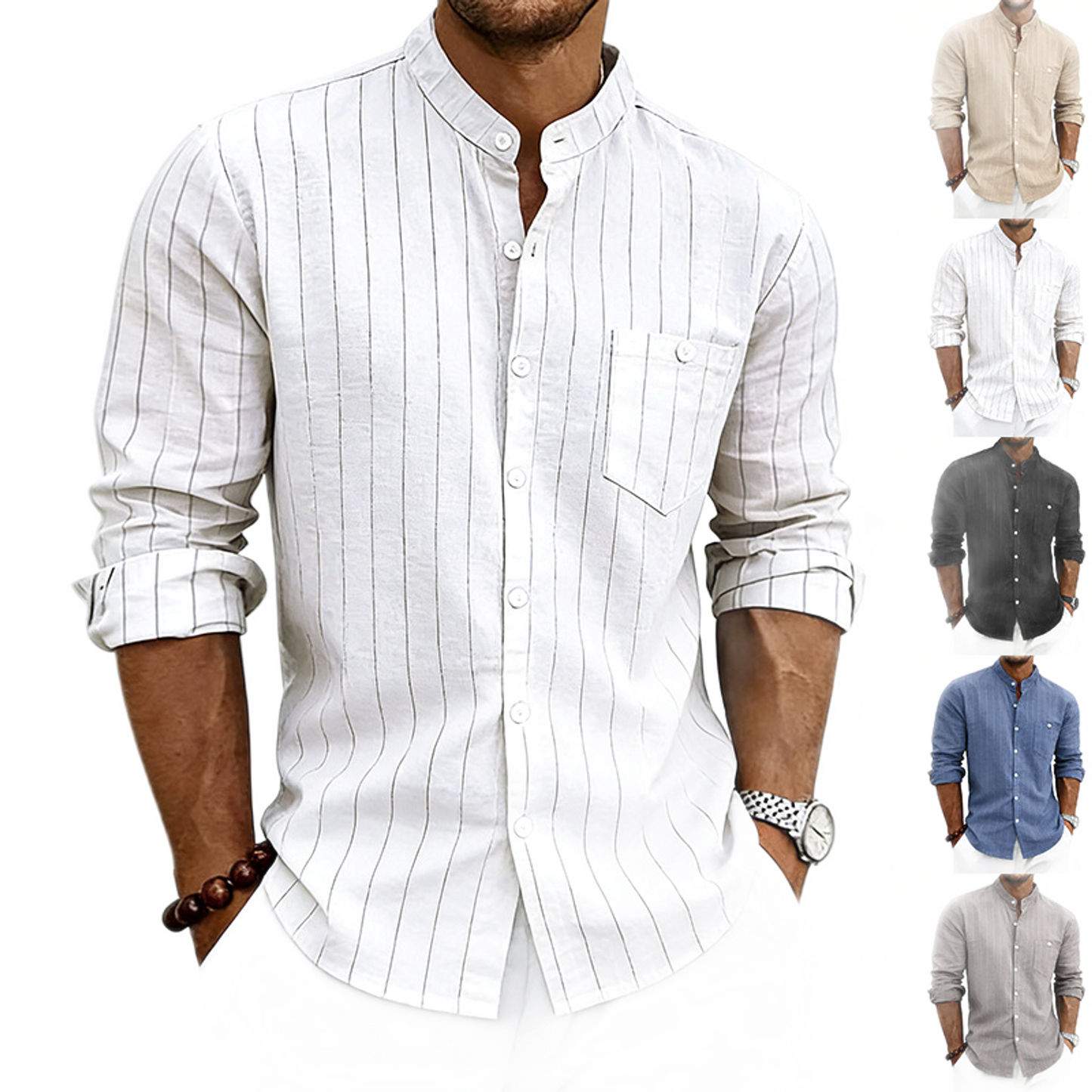 Camisa de lino hombre, cuello mao a rayas