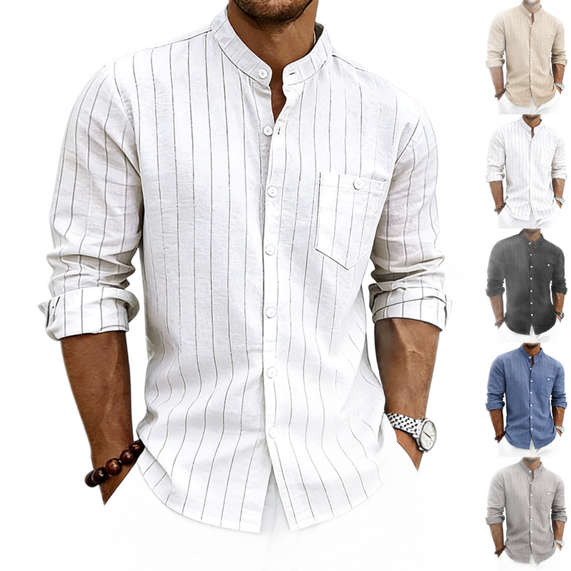 Camisa de lino hombre, cuello mao a rayas