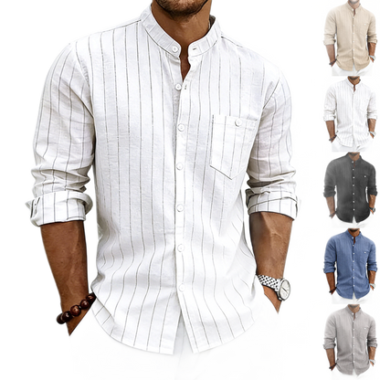 Camisa de lino hombre, cuello mao a rayas