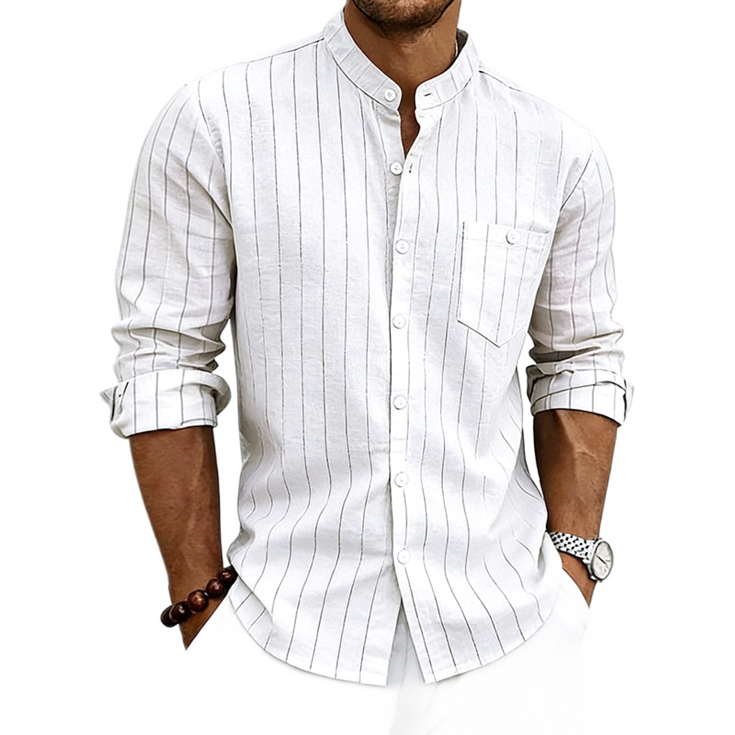 Camisa de lino hombre color blanco, cuello mao