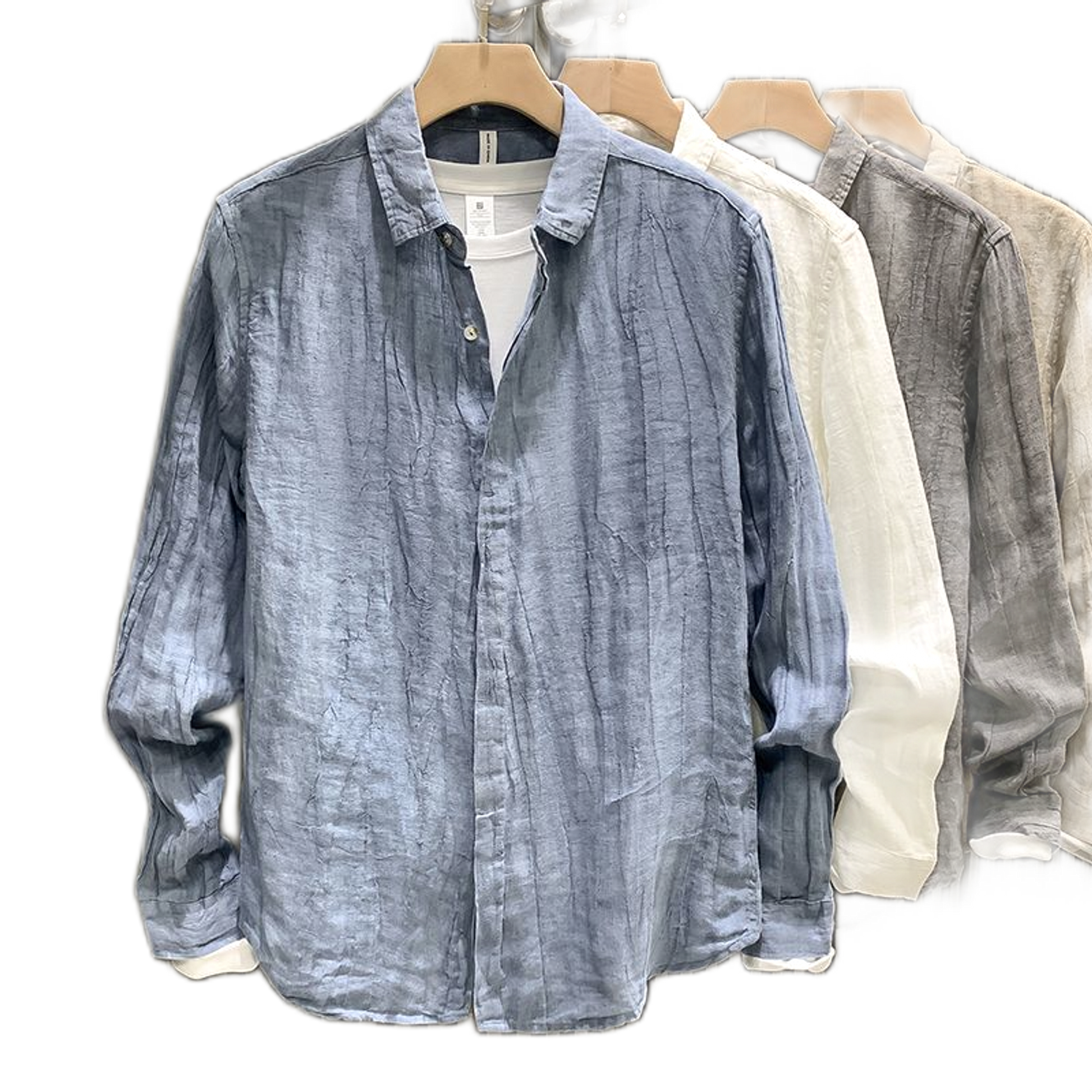 Camisa de lino hombre plisada, manga larga