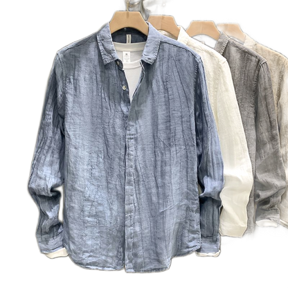 Camisa de lino hombre plisada, manga larga