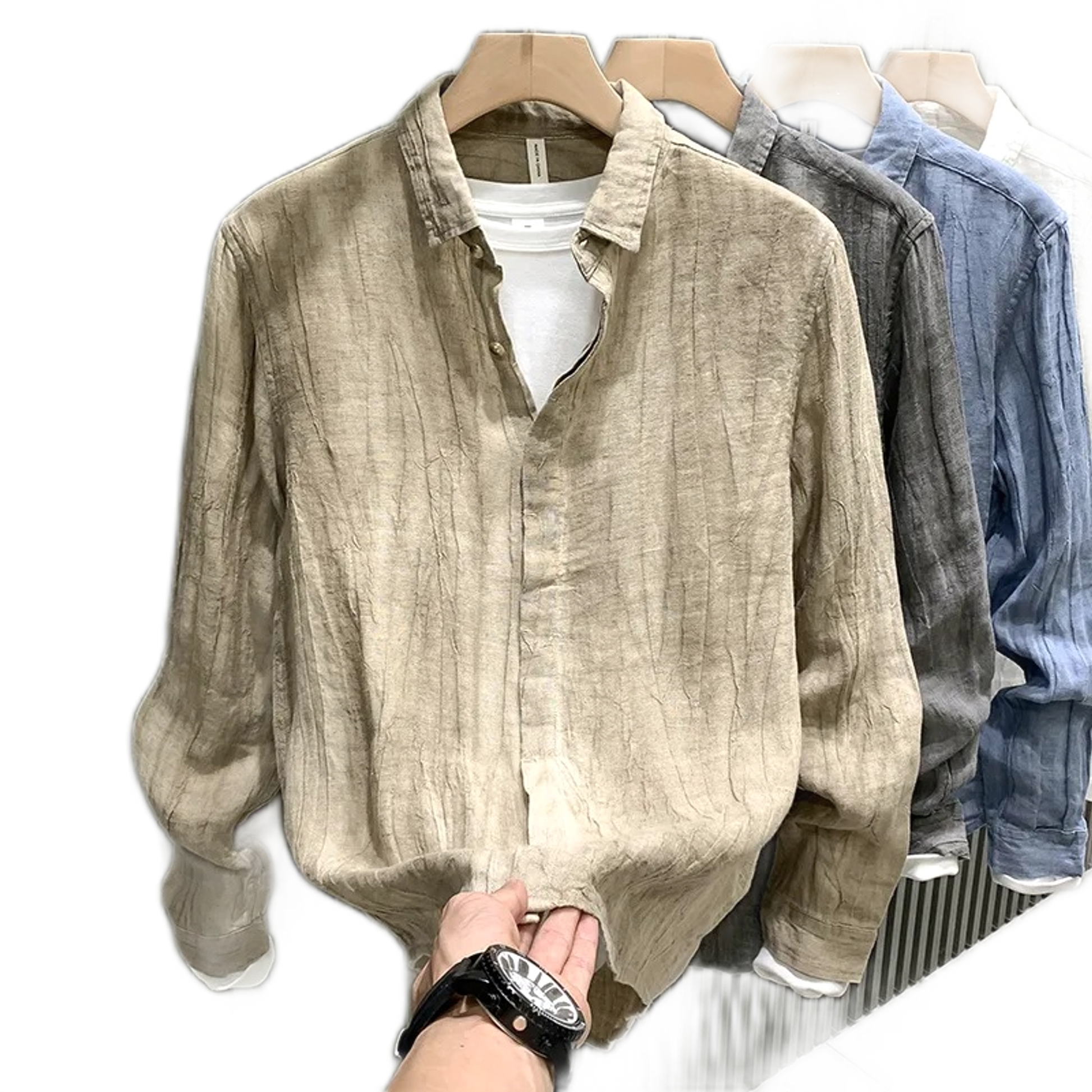Camisa de lino hombre plisada, manga larga