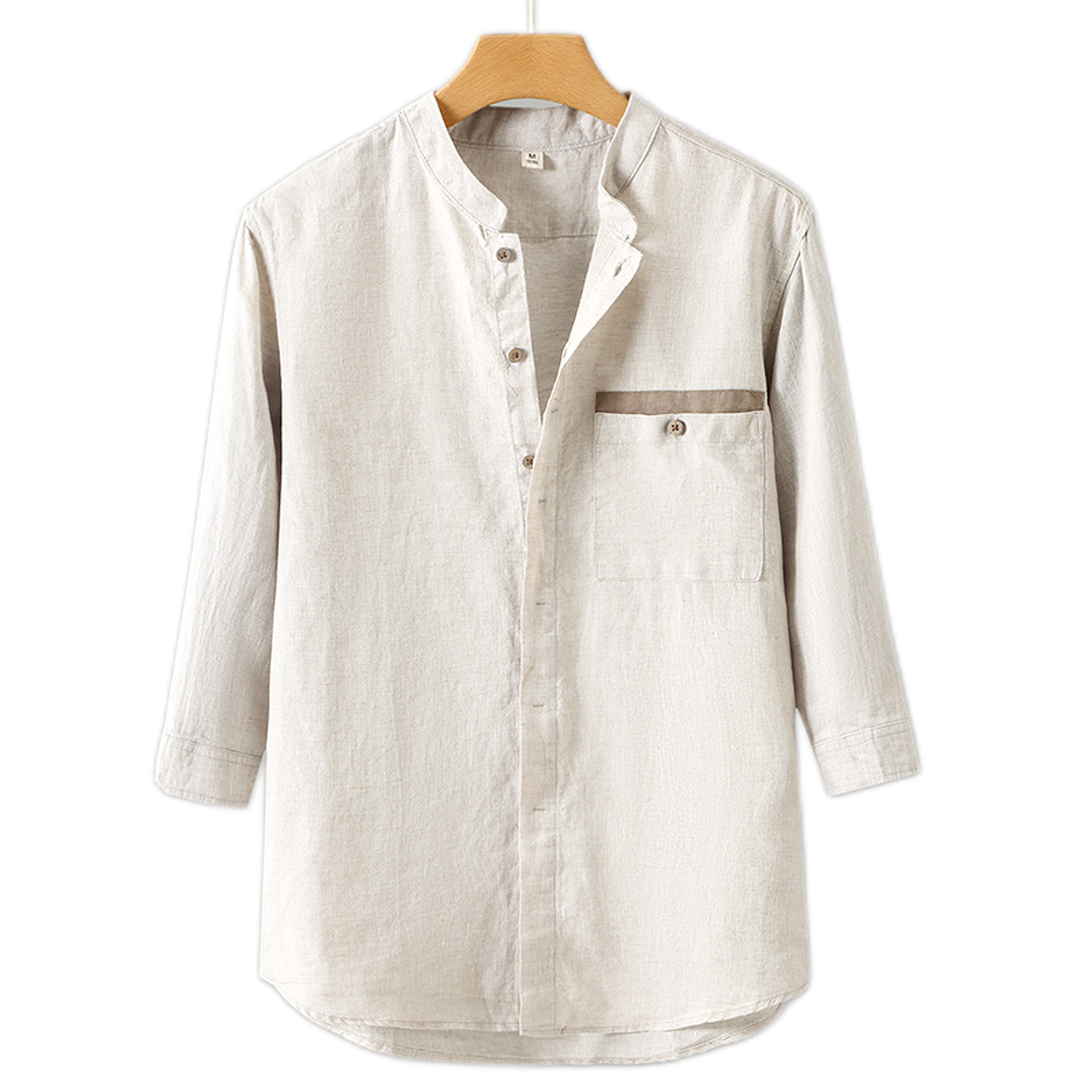Camisa de lino hombre color crudo, cuello mao