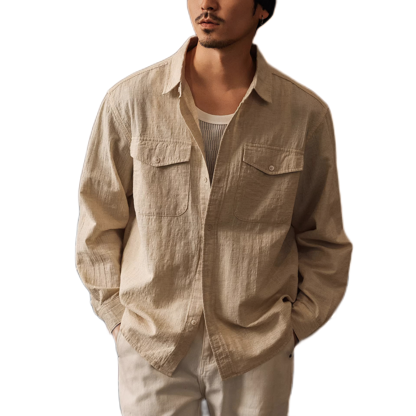 Camisa de algodón y cáñamo hombre, color albaricoque - vista frontal