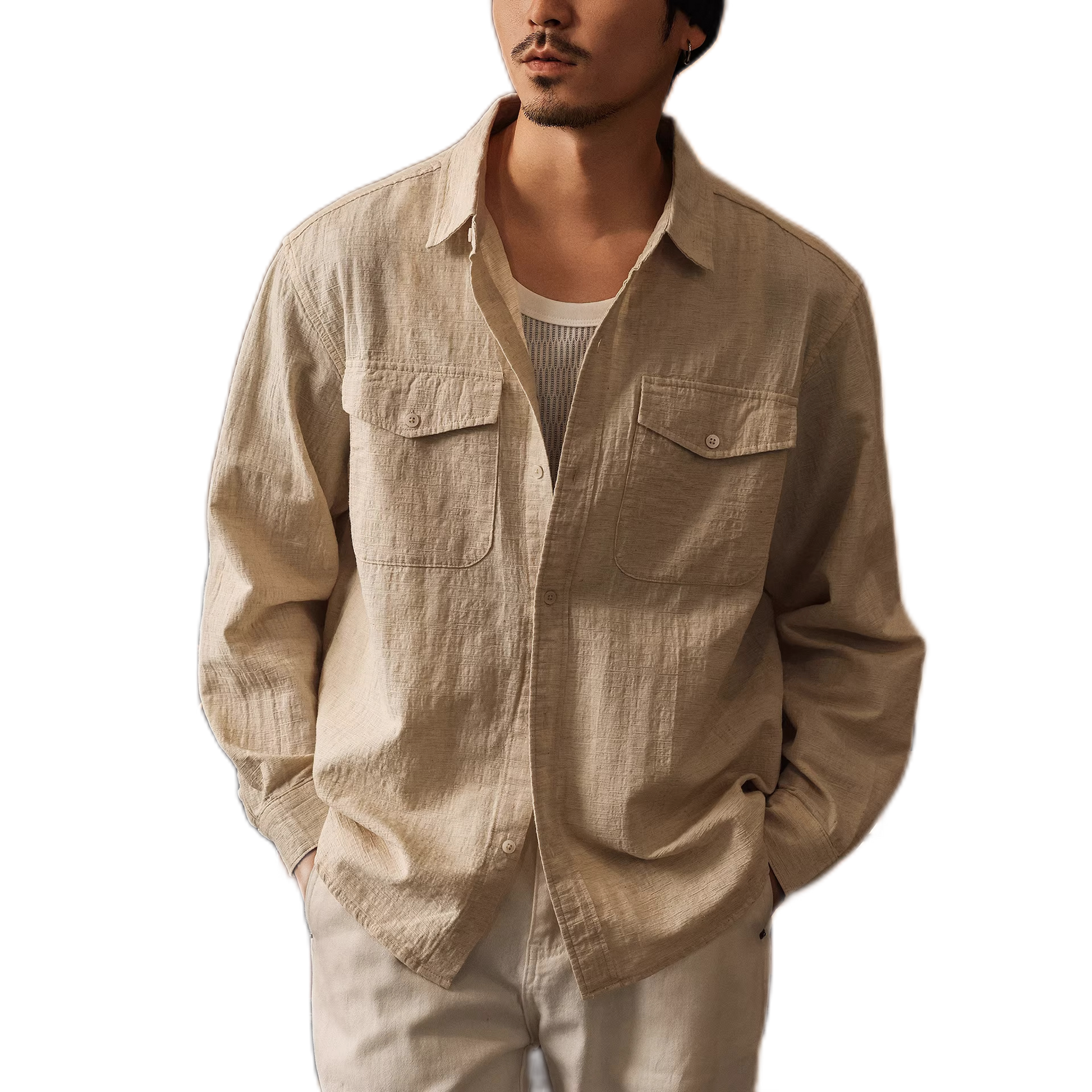 Camisa de algodón y cáñamo hombre, color albaricoque - vista frontal