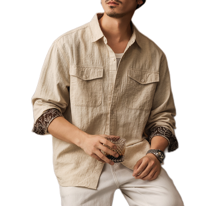 Camisa de algodón y cáñamo hombre color albaricoque