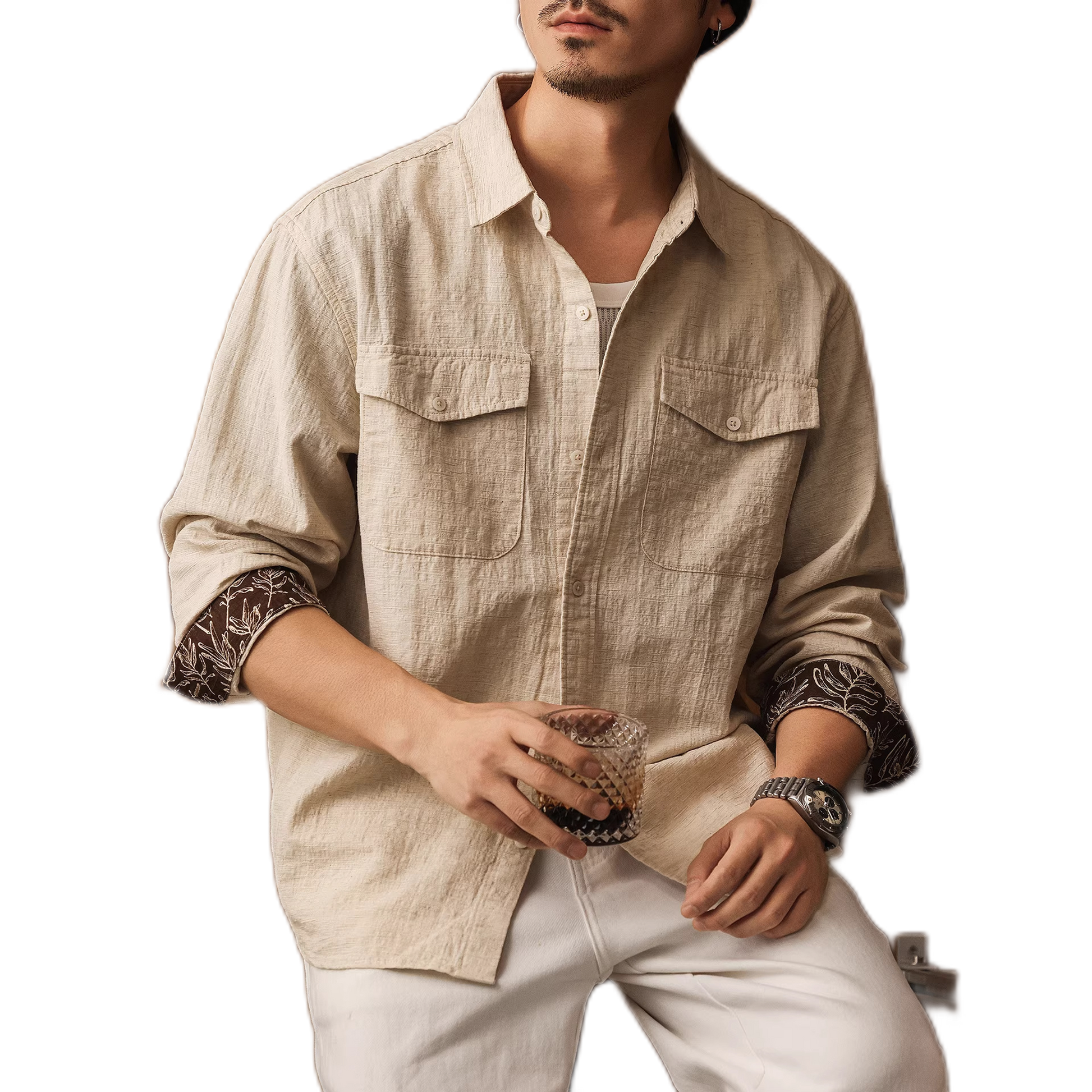 Camisa de algodón y cáñamo hombre, color albaricoque