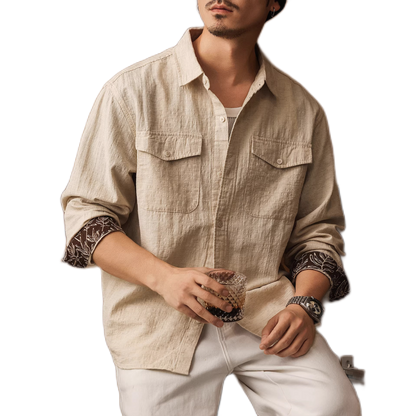 Camisa de algodón y cáñamo hombre, color albaricoque