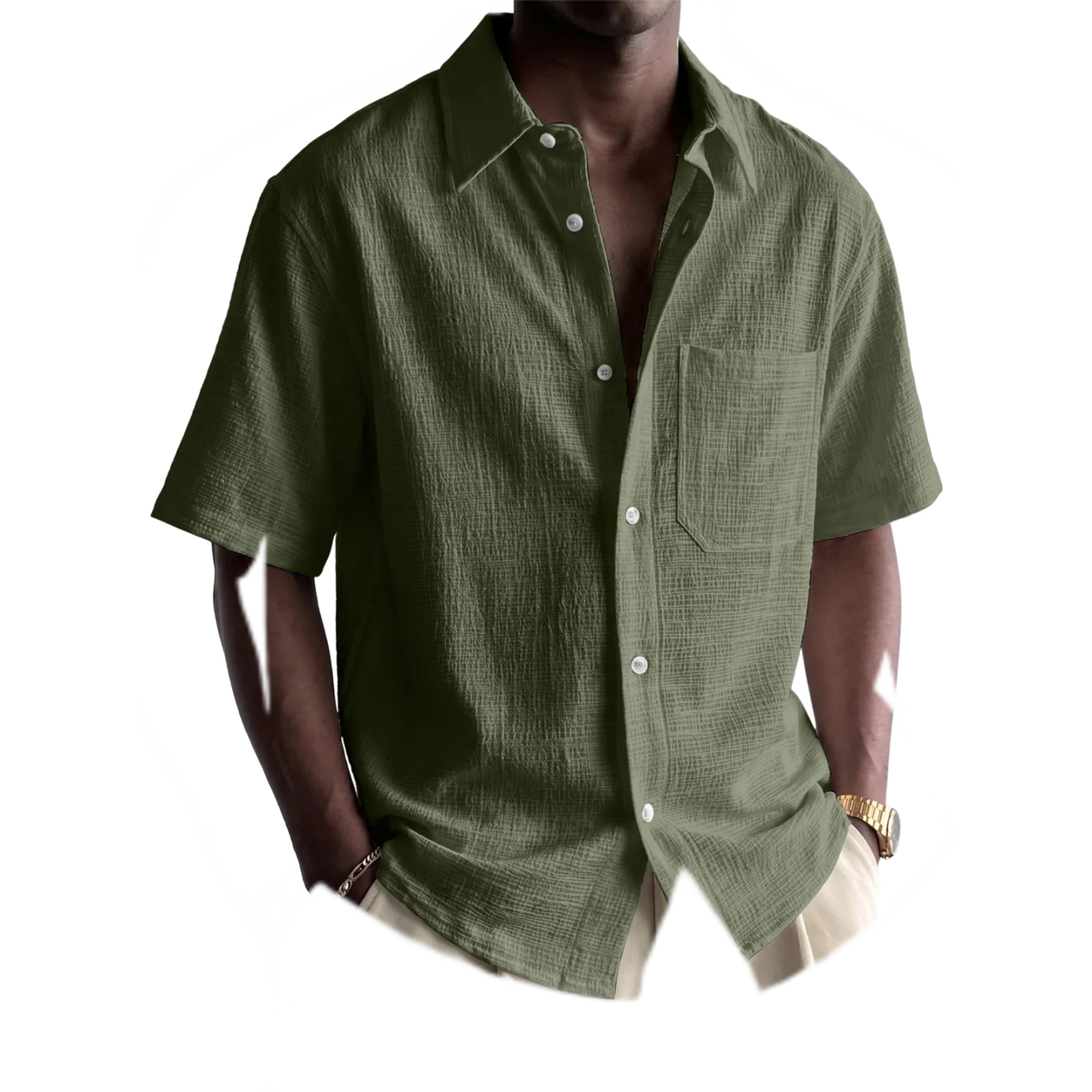 Camisa de algodón hombre color verde militar, con bolsillo