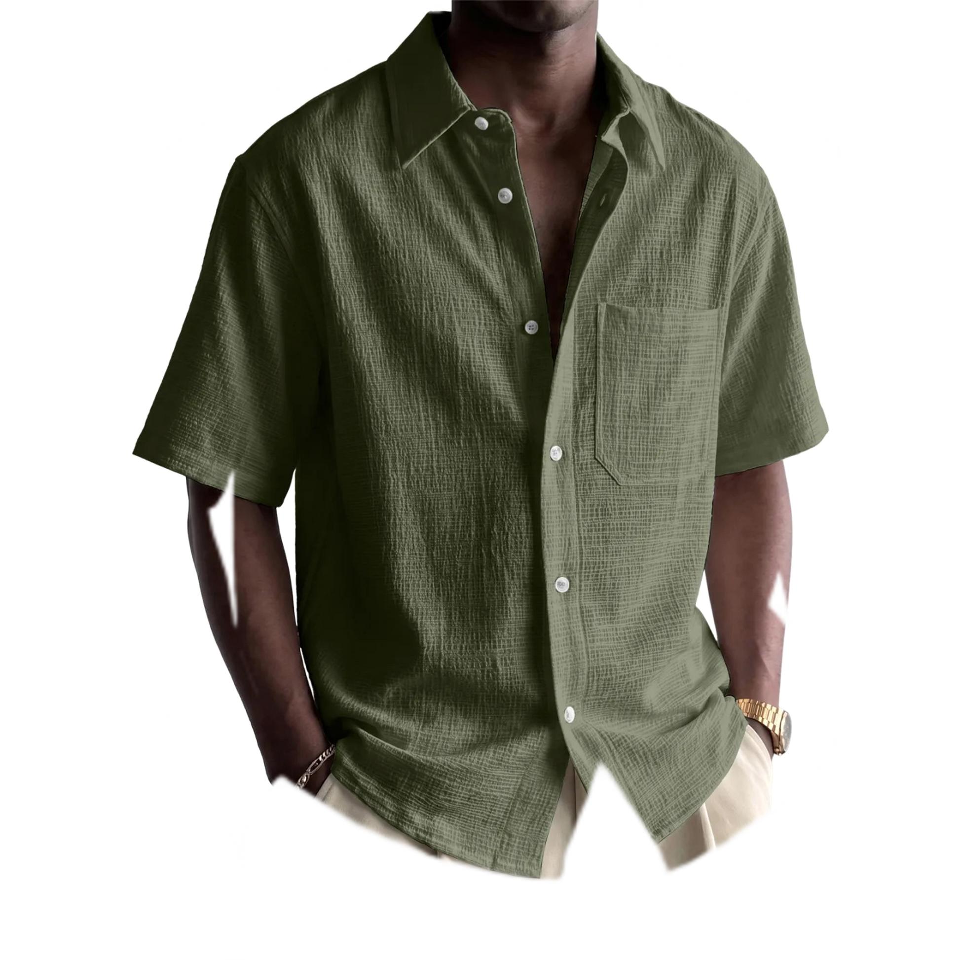Camisa de algodón hombre color verde militar, con bolsillo