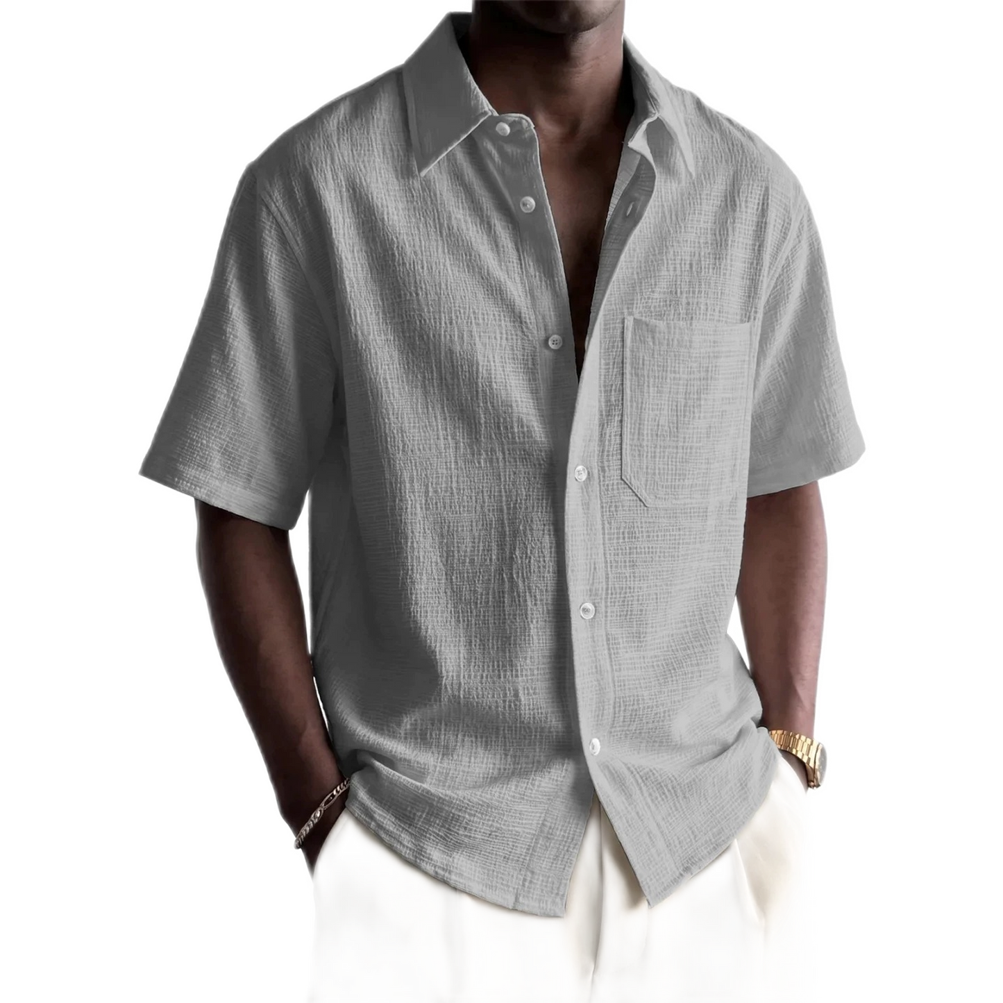Camisa de algodón hombre con bolsillo, manga corta - vista frontal